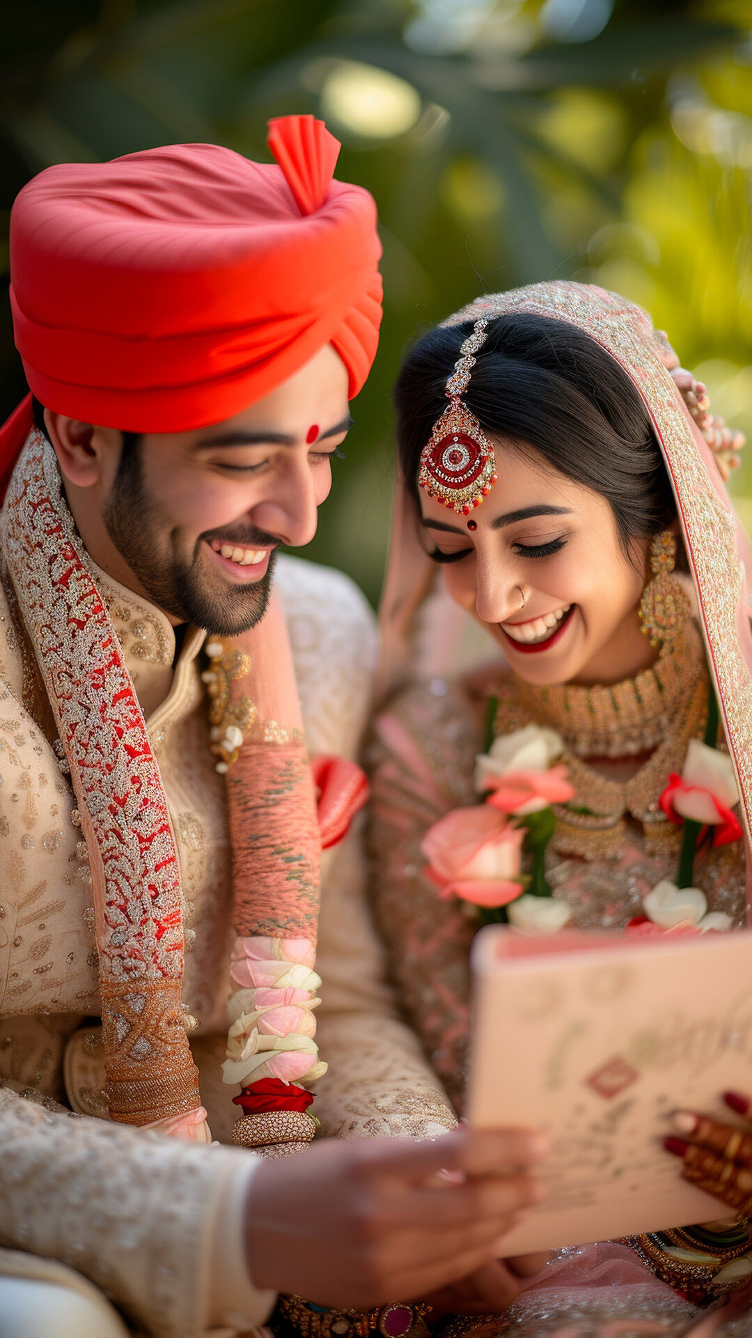 Happy North Indian bride and groom in traditional wedding attire looking at a card after the ceremony